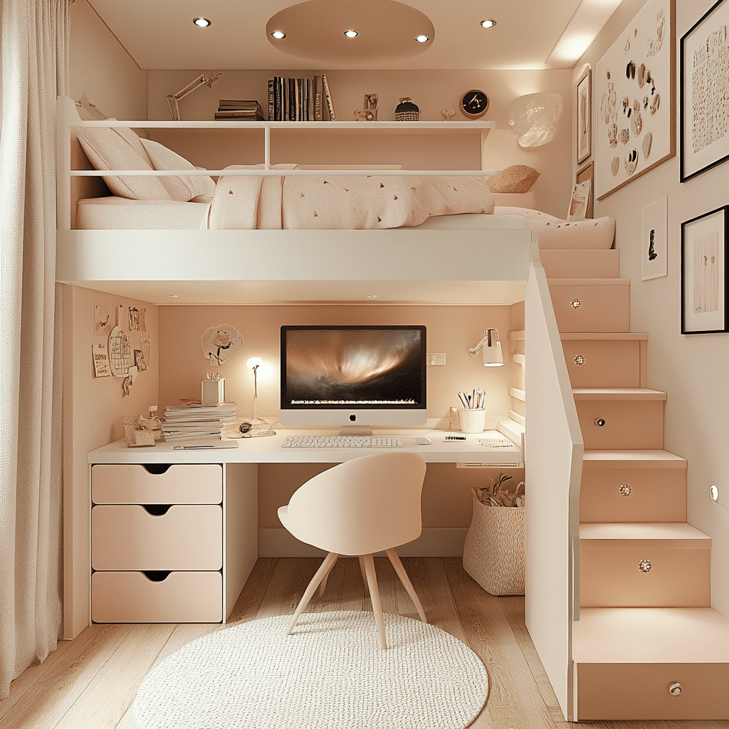 cama con escritorio debajo, bed with desk underneath
