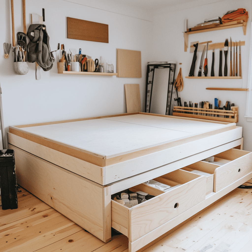 cama con almacenamiento, bed with storage, Bett mit Stauraum, Cama com Armazenamento